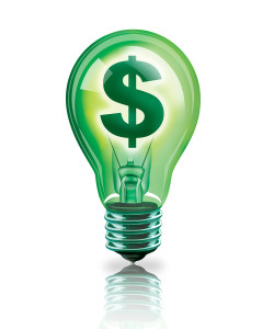 Digital concept of saving with money symbol in light bulb isolated on white.